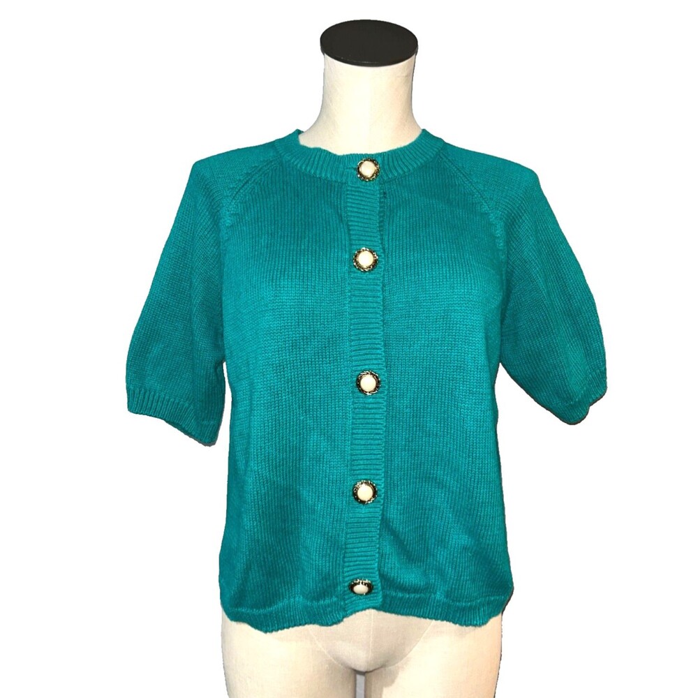 Honors Women’s Vintage Short Sleeve Cardigan Big Pearl & Gold Buttons size M